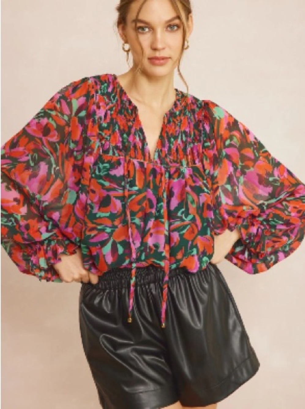 Entro Smocked Yoke Long Sleeve Blouse Pink Red Floral Abstract Medium - Picture 3 of 10